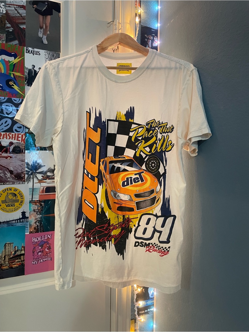 Men’s White Graphic Racing Tee with Orange Accent